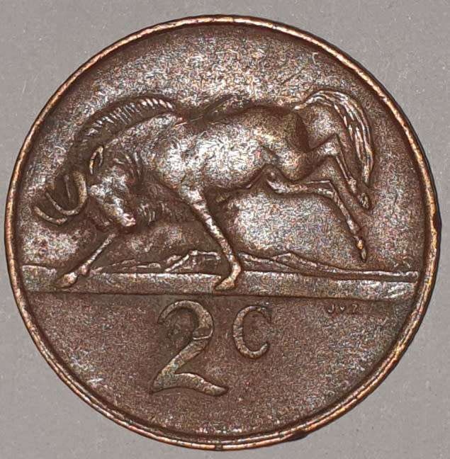 1987 - 2 CENT COIN (TWO CENT COIN) - RSA - BRONZE - KM#83 - BILINGUAL LEGEND - WILDEBEEST